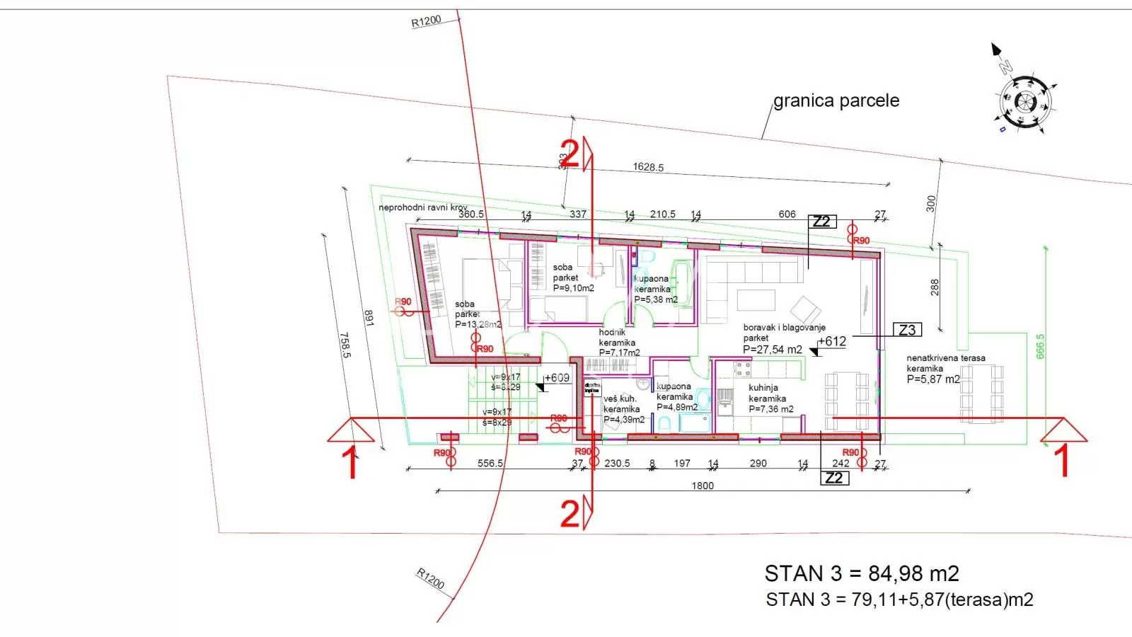 Zagreb, Fraterščica – Neubau 3-Zimmer-Wohnung + 2 Außenstellplätze + 1 Garagenstellplatz, 99m²