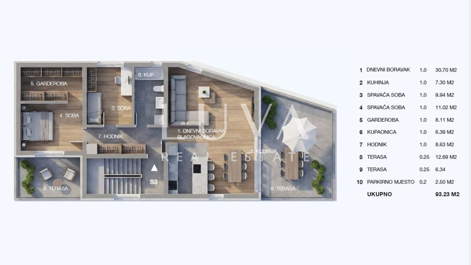 Zagreb, Blato, 3 Zimmer Wohnung, NKP 93 m² mit 2 Terrassen zum Verkauf, Neubau