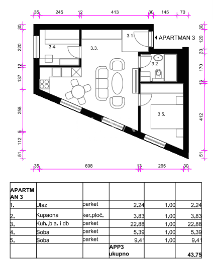 Zagreb, Osten - Neubauwohnung A3, 44m2