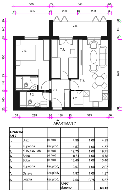 Zagreb, istok - Novogradnja stan A7, 63.13m2