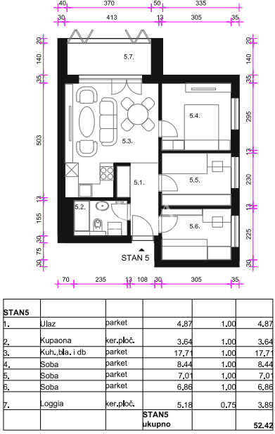 Zagreb, Osten - Neubauwohnung S5, 52m2